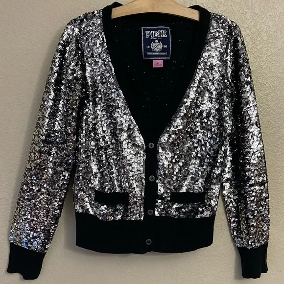 Victoria’s Secret PINK Black Cardigan Sequin Bling Button Up - Small - Picture 1 of 5